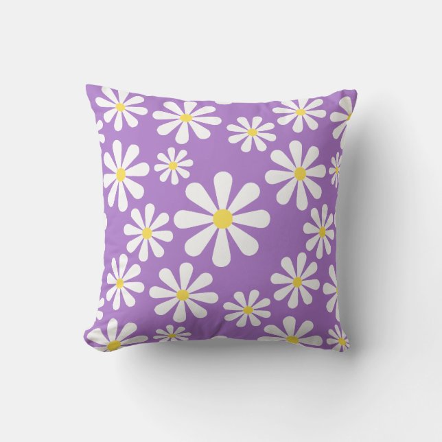 Crazy Daisy Purple White Yellow Floral Throw Pillow (Front)