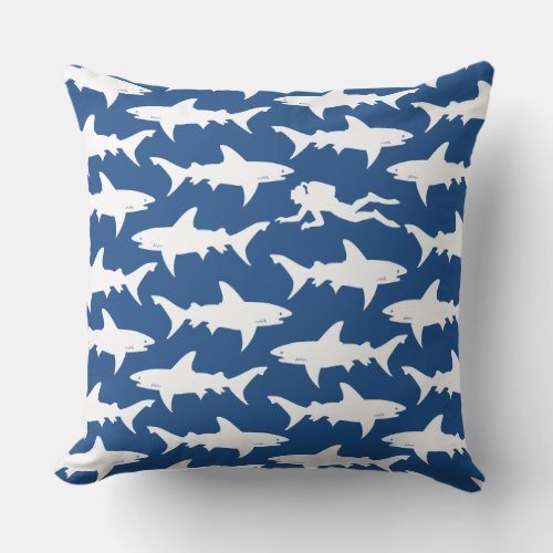 Crazy Diver Swimming in Middle of School of Sharks Throw Pillow