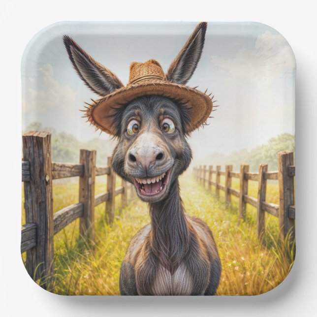 Crazy Donkey Wearing a Straw Hat Paper Plates (Front)