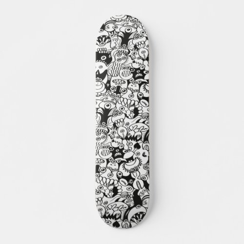 Crazy doodles posing in a seamless pattern design skateboard
