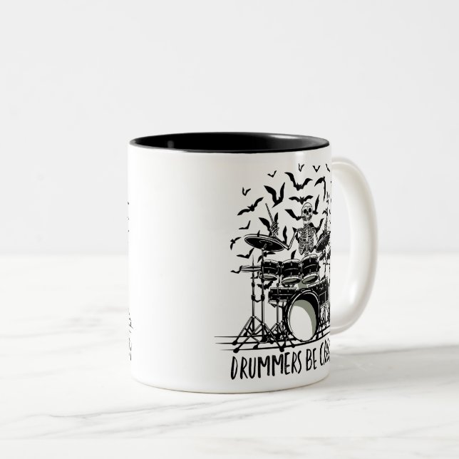 Crazy Drummer Skeleton Design Two-Tone Coffee Mug (Front Right)