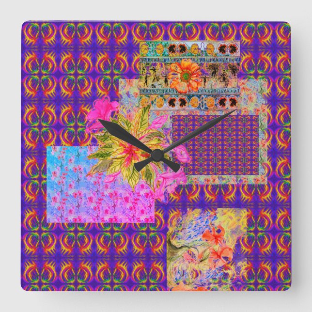 Crazy Floral Patchwork Colorful Purple All-Over  Square Wall Clock (Front)