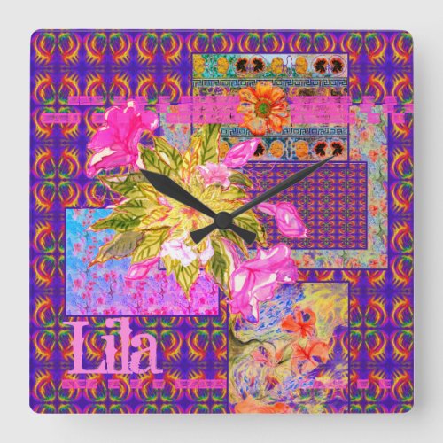 Crazy Floral Patchwork Colorful Purple Pink Orange Square Wall Clock