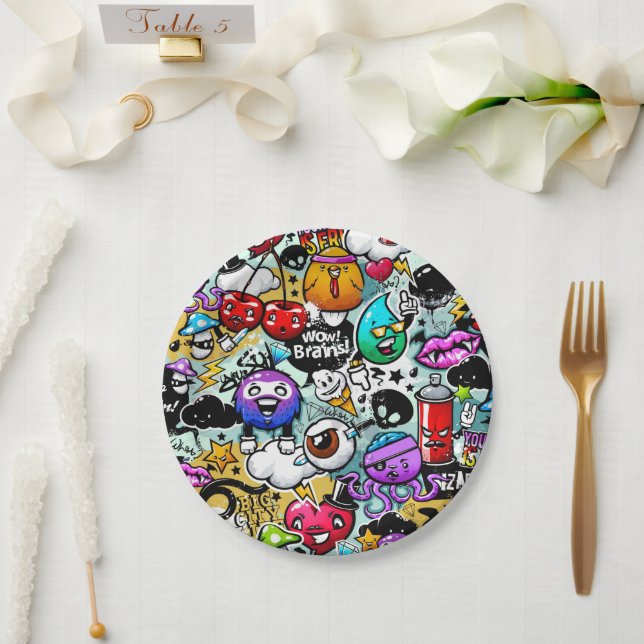 Crazy Fruits and Vegetables Graffiti Art Paper Plates (Wedding)