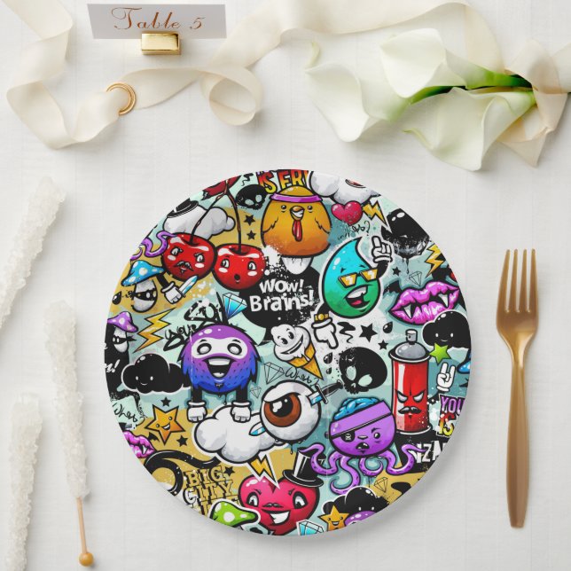 Crazy Fruits and Vegetables Graffiti Art Paper Plates (Wedding)