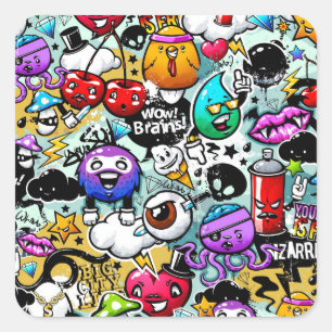 Crazy Fruits and Vegetables Graffiti Art Square Sticker