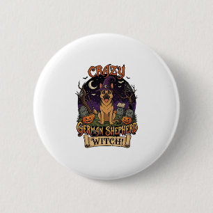 Crazy German Shepherd Witch Halloween Dog Pumpkins Button