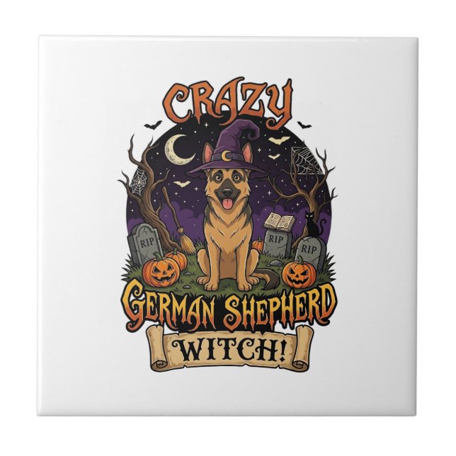 Crazy German Shepherd Witch Halloween Dog Pumpkins Ceramic Tile (Front)
