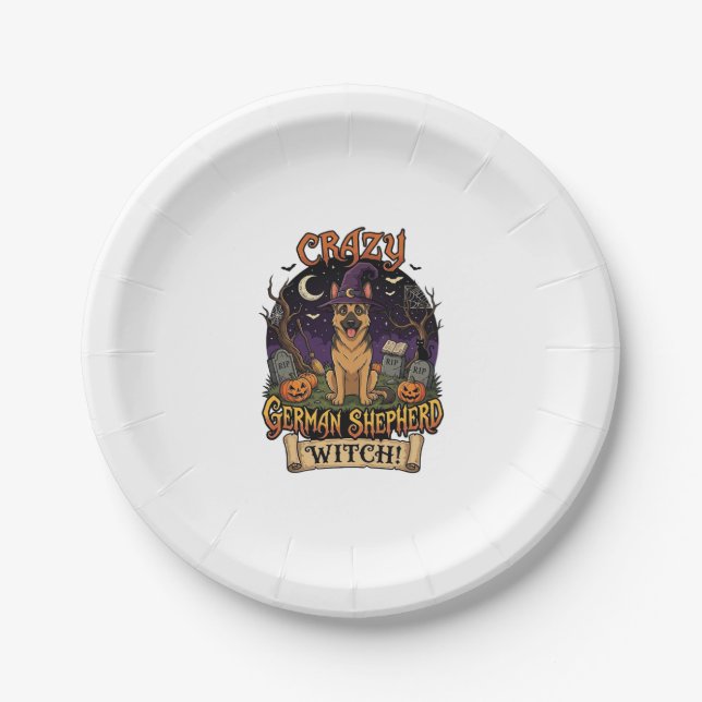 Crazy German Shepherd Witch Halloween Dog Pumpkins Paper Plates (Front)