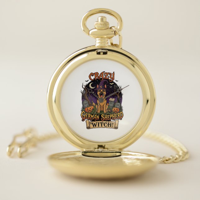 Crazy German Shepherd Witch Halloween Dog Pumpkins Pocket Watch (Inside)