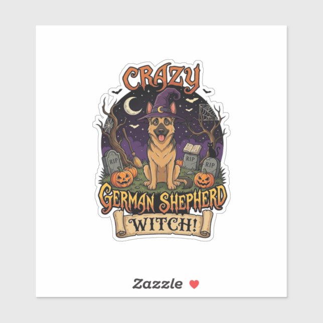 Crazy German Shepherd Witch Halloween Dog Pumpkins Sticker (Sheet)