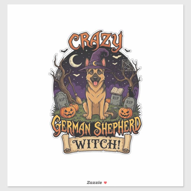 Crazy German Shepherd Witch Halloween Dog Pumpkins Sticker (Sheet)