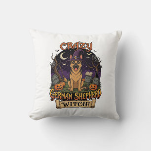 Crazy German Shepherd Witch Halloween Dog Pumpkins Throw Pillow