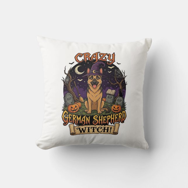 Crazy German Shepherd Witch Halloween Dog Pumpkins Throw Pillow (Front)