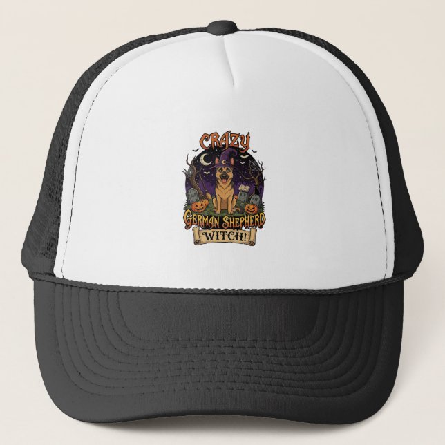 Crazy German Shepherd Witch Halloween Dog Pumpkins Trucker Hat (Front)