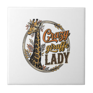 Crazy Giraffe Lady Vintage Engraving Shirt Design_ Ceramic Tile