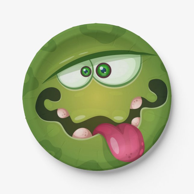 Crazy Green Monster Face Paper Plates (Front)
