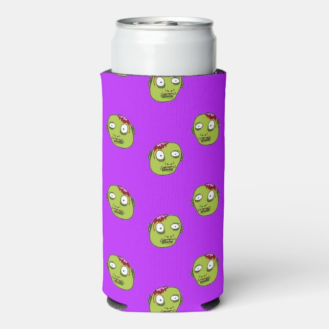 Crazy green zombie head on purple seltzer can cooler (Seltzer Back)