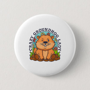 Crazy Groundhog Lady Women Retro Vintage 60s 70s 8 Button