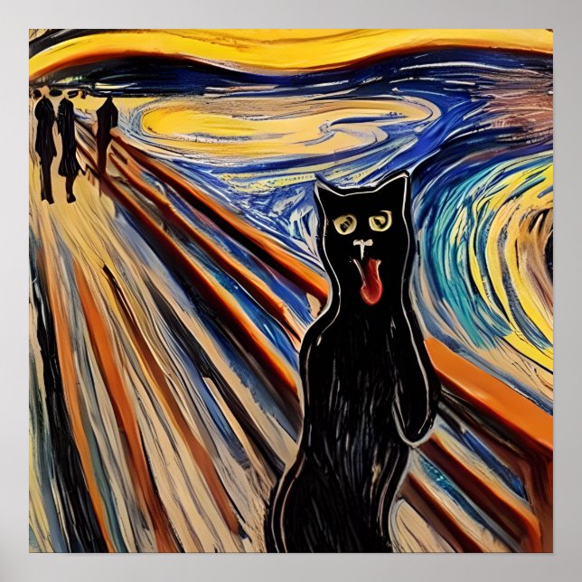 Crazy Halloween Black Cat "Scream" Portrait Art Poster (Front)