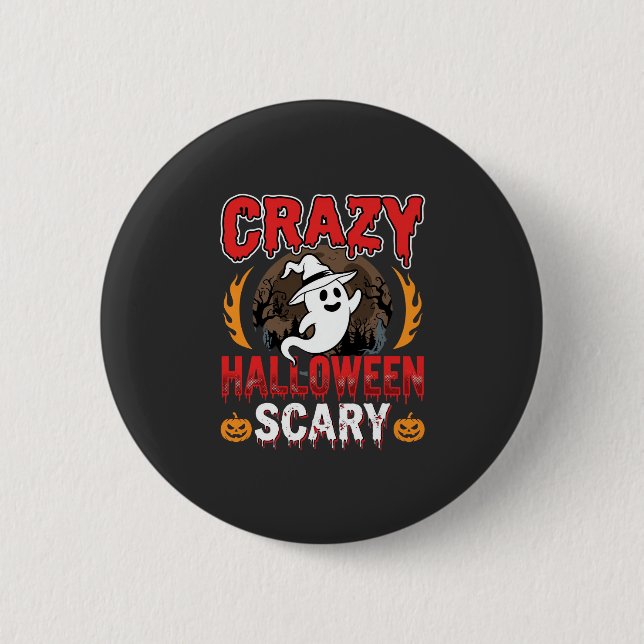 Crazy Halloween Scary Ghost and Pumpkin Design Button (Front)