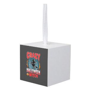 Crazy Halloween Witch Flying Broom Horror Design Cube Ornament