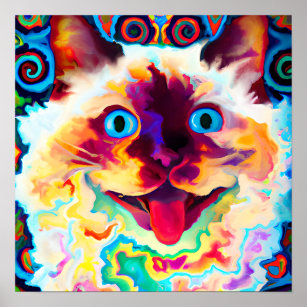 Crazy Happy Balinese Cat Portrait Art Poster