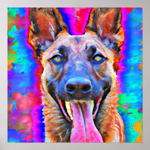 Crazy Happy Belgian Malinois Dog Art Portrait  Poster