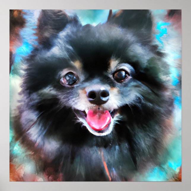 Crazy Happy Black Pomeranian Dog Portrait Art Poster (Front)