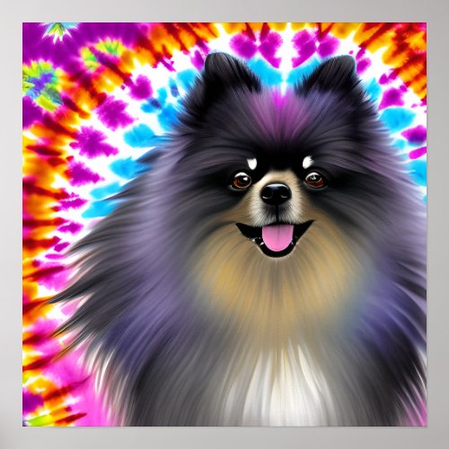 Crazy Happy Black Pomeranian Dog Tie Dye Art Poster