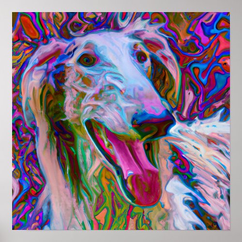 Crazy Happy Borzoi Dog Art Portrait Poster