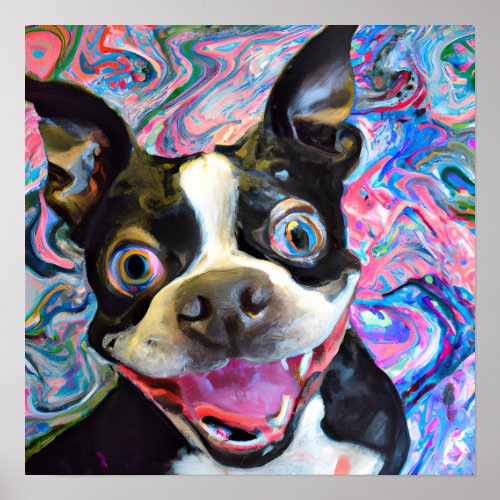 Crazy Happy Boston Terrier Dog Art Portrait Poster