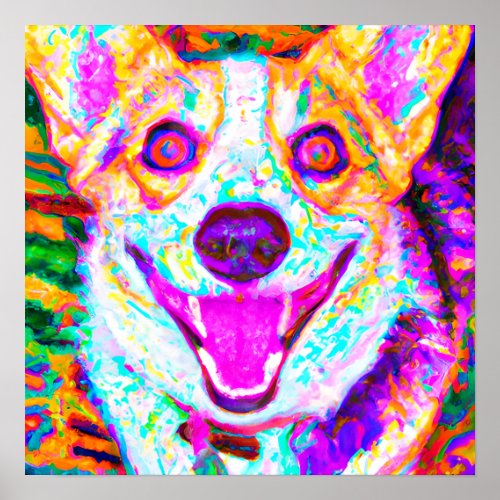 Crazy Happy Corgi Dog Art Portrait Poster