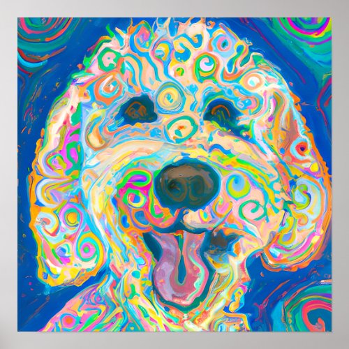 Crazy Happy Goldendoodle Dog Art Portrait Poster