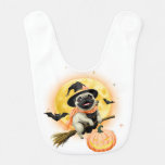 Crazy Happy Halloween Pug Riding a Flying Broom  Baby Bib