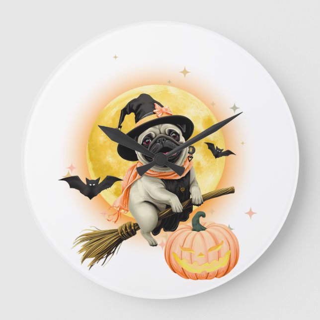 Crazy Happy Halloween Pug Riding a Flying Broom |  Large Clock (Front)