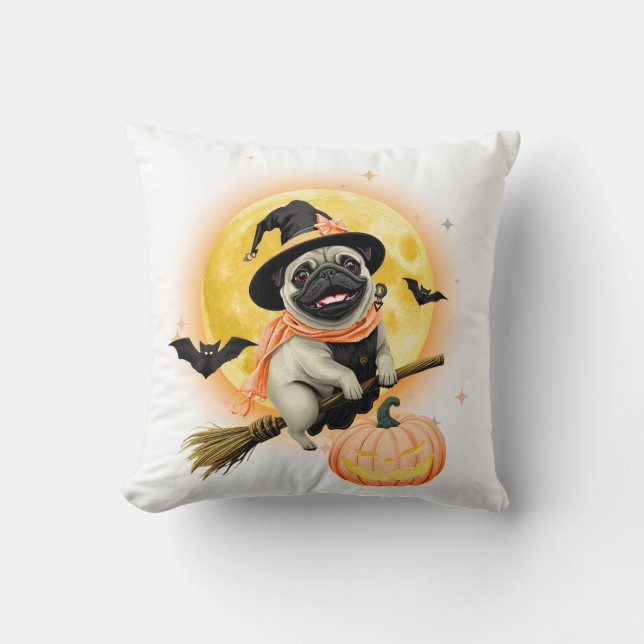 Crazy Happy Halloween Pug Riding a Flying Broom . Throw Pillow (Front)