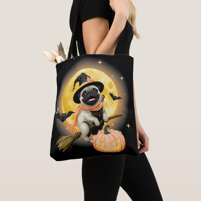 Crazy Happy Halloween Pug Riding a Flying Broom  Tote Bag (Close Up)