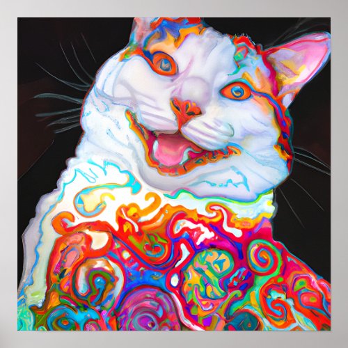 Crazy Happy Japanese Bobtail Cat Portrait Art Poster