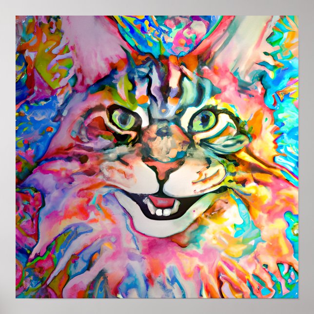 Crazy Happy Maine Coon Cat Portrait Art Poster (Front)