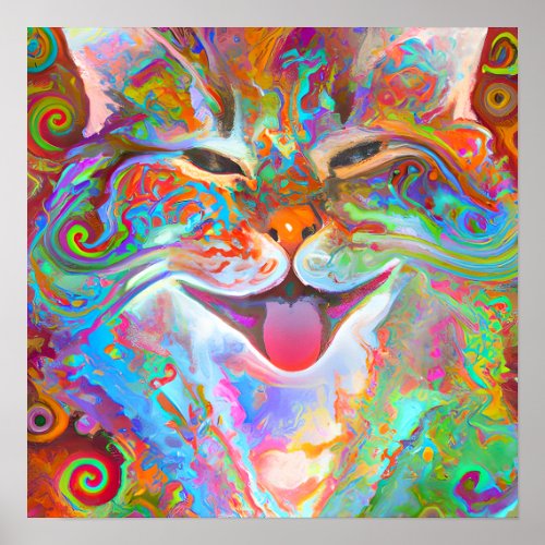 Crazy Happy Norwegian Forest Cat Portrait Art Poster