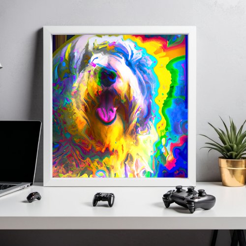 Crazy Happy Old English Sheepdog Portrait  Poster