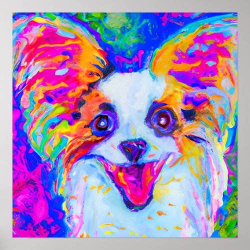 Crazy Happy Papillon Dog Art Portrait Poster