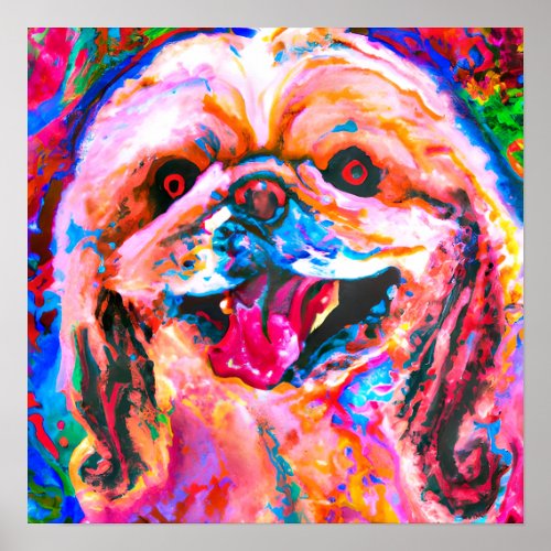 Crazy Happy Pekingese 2 Dog Portrait Art Poster