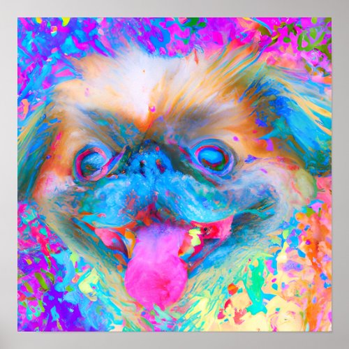 Crazy Happy Pekingese Dog Portrait Art Poster