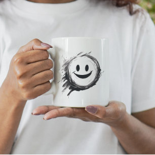 Crazy happy smiley face black and white coffee mug