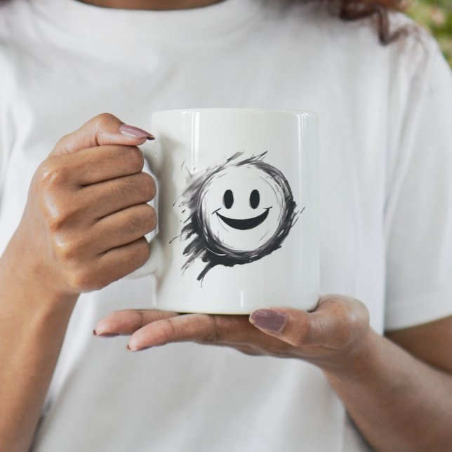 Crazy happy smiley face black and white coffee mug (Crazy happy smiley face coffee cup mug)