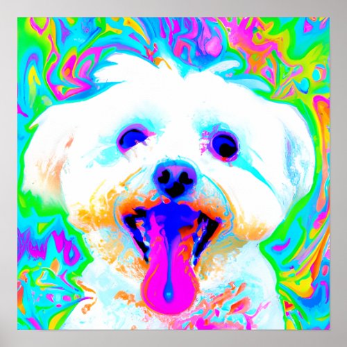 Crazy Happy White Maltese 2 Dog Art Portrait  Poster