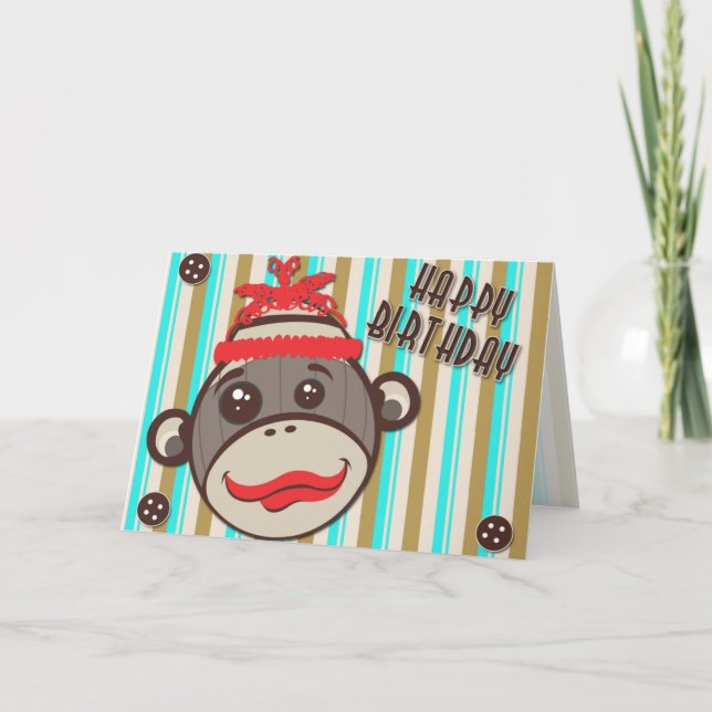 Crazy Hat Happy Birthday Sock Monkey Card (Front)