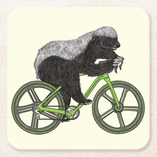 Crazy Honey Badger riding a bicycle  Square Paper Coaster